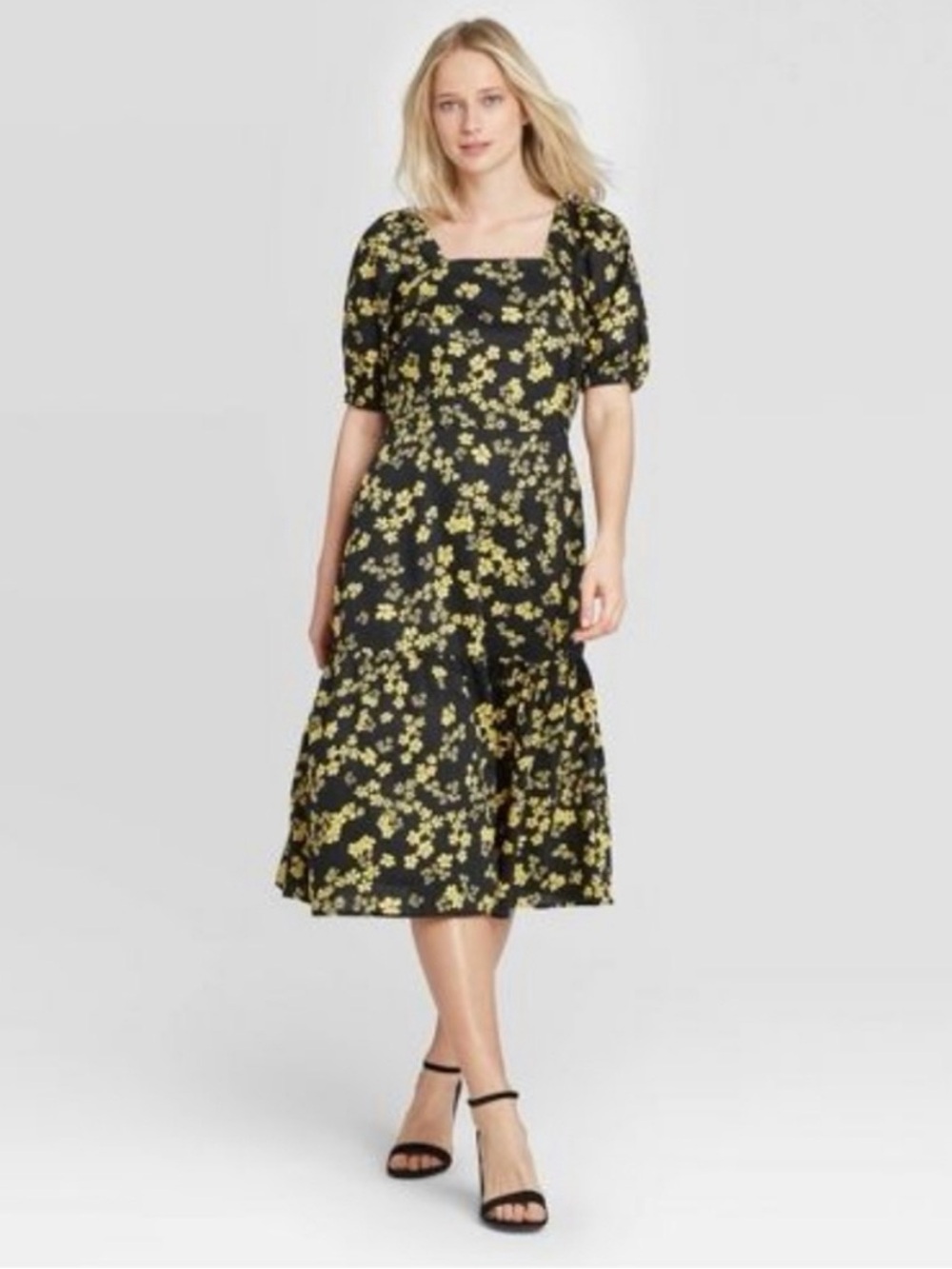 NWT Who What Wear Puff Sleeve Midi Dress Hillside Blooms L